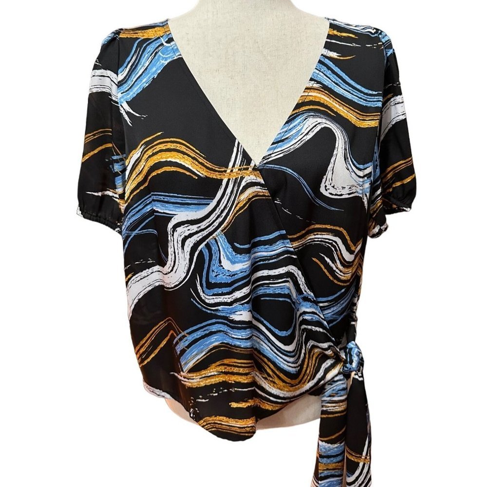 Nine West Shirt Women L Blouse (M fit) Wrap Top Silky Short Sleeve Tie Waist